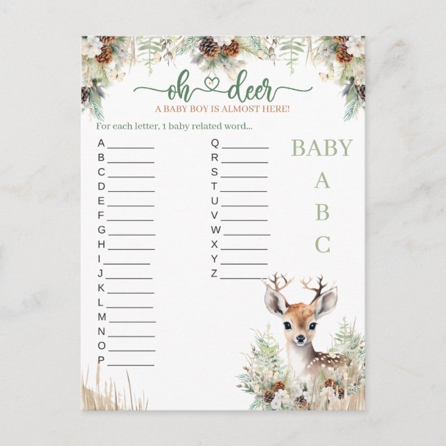 Carte Postale Woodland Deer Baby shower Jeu de garçon (Devant)