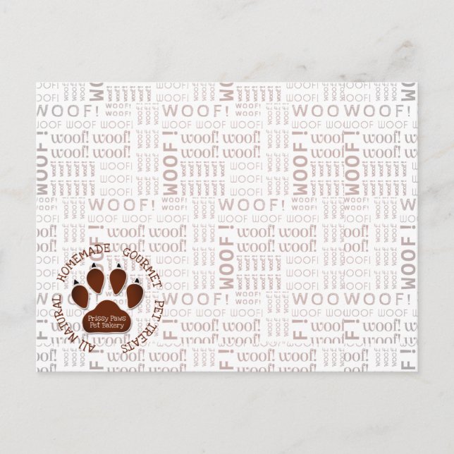 Carte Postale Woof Words et Empreinte de patte en Brown avec Bus (Devant)