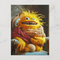 Wool monster crocheting in a chair. Funny (homonym