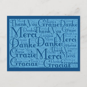 Carte Postale Word Art : Merci en plusieurs langues - Aqua Blue