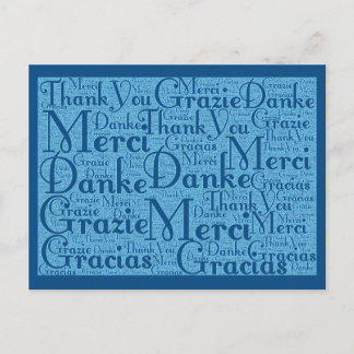 Carte Postale Word Art : Merci en plusieurs langues - Aqua Blue