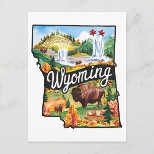 Carte Postale Wyoming États-Unis État Forme Aquarelle Vintage