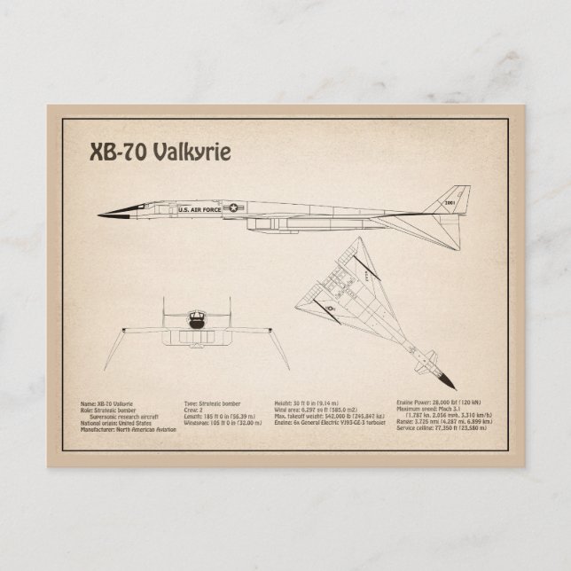 Carte Postale XB-70 Valkyrie - Plans de conception d'avion SD (Devant)
