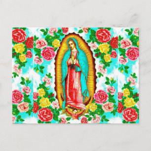 CARTE POSTALE XMAS -ROSES ET MADONNA DE GUADALUPE