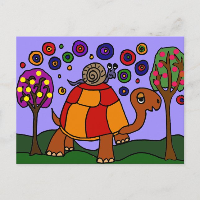 Carte Postale XX- Escargot Riding Turtle Folk Art (Devant)