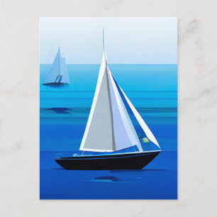 Carte Postale Yacht Sous Voile, Bleu Cobalt