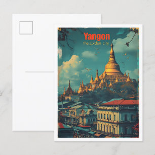 Carte Postale Yangon Myanmar Vintage Art Illustration de voyage