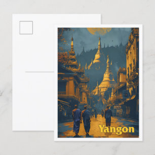 Carte Postale Yangon Myanmar Vintage Art Illustration de voyage