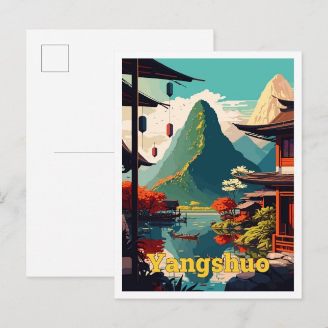 Carte Postale Yangshuo Chine Voyage Art Vintage Illustration (Devant / Derrière)