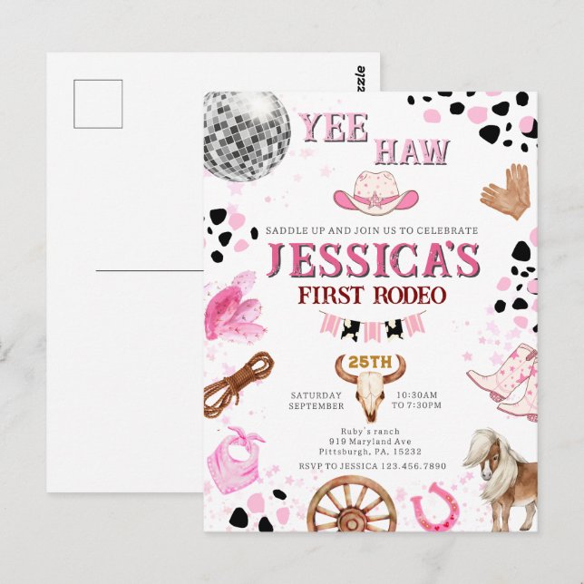 Carte Postale Yee Haw Disco Cowgirl Rodeo Anniversaire (Devant / Derrière)