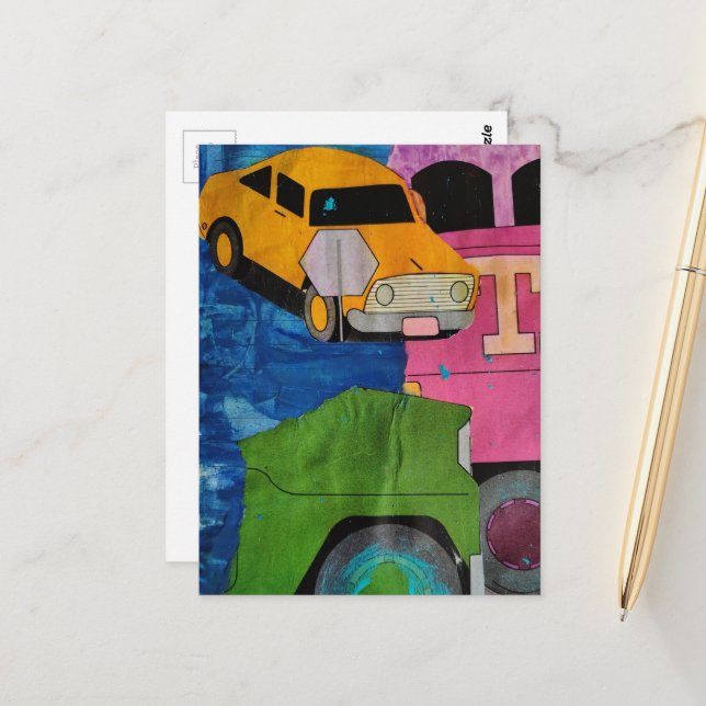 Carte Postale Yellow Car Pink and Green Truckmixed media collage (Devant/Arrière en situation)