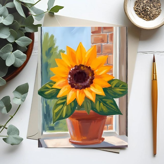 Carte Postale Yellow Sunflower Pot Floral Watercolor (Créateur téléchargé)