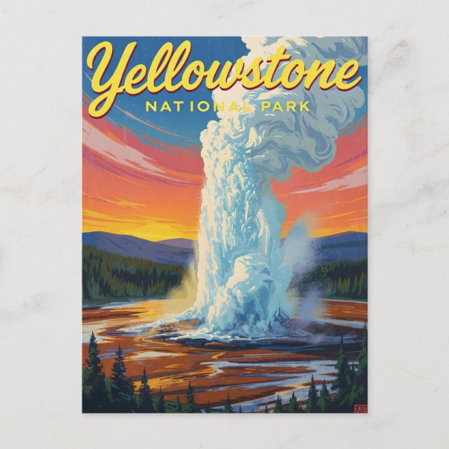 Carte Postale Yellowstone Old Faithful Geyser Art (Devant)