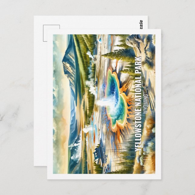 Carte Postale Yellowstone Wyoming USA Fameux Place aquarelle (Devant / Derrière)