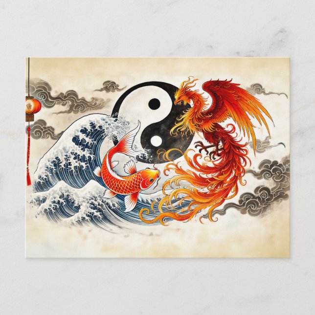 Carte Postale Yin et Yang Koi et Phoenix en style art asiatique (Devant)