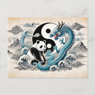 Carte Postale Yin et Yang Panda et Dragon dans le style d'art as