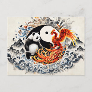 Carte Postale Yin et Yang Panda et Phénix dans le style d'art as