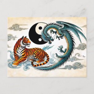 Carte Postale Yin et Yang Tiger et Dragon en style art asiatique