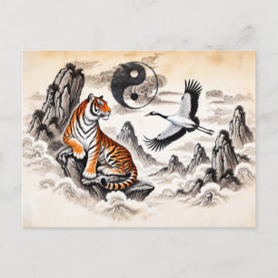 Carte Postale Yin et Yang Tiger et grue en style art asiatique