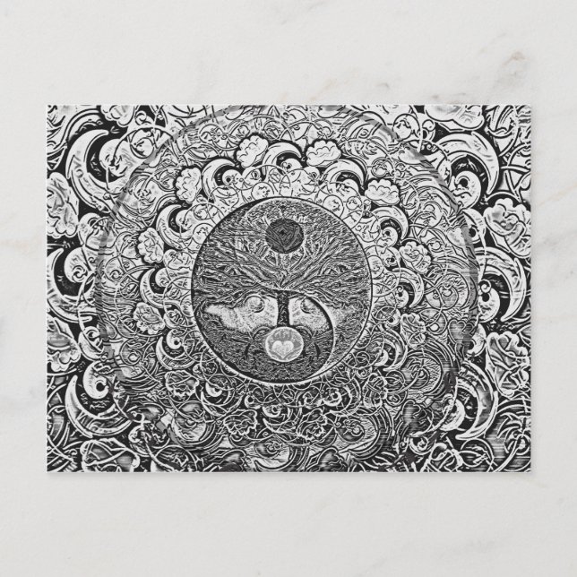 Carte Postale Yin Yang arbre de vie en argent et Chrome (Devant)