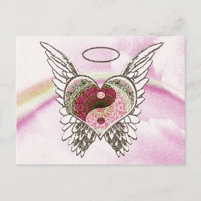 Carte Postale Yin Yang Heart Angel Ailes Aquarelle (Devant)