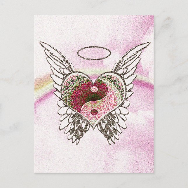 Carte Postale Yin Yang Heart Angel Ailes Aquarelle (Devant)