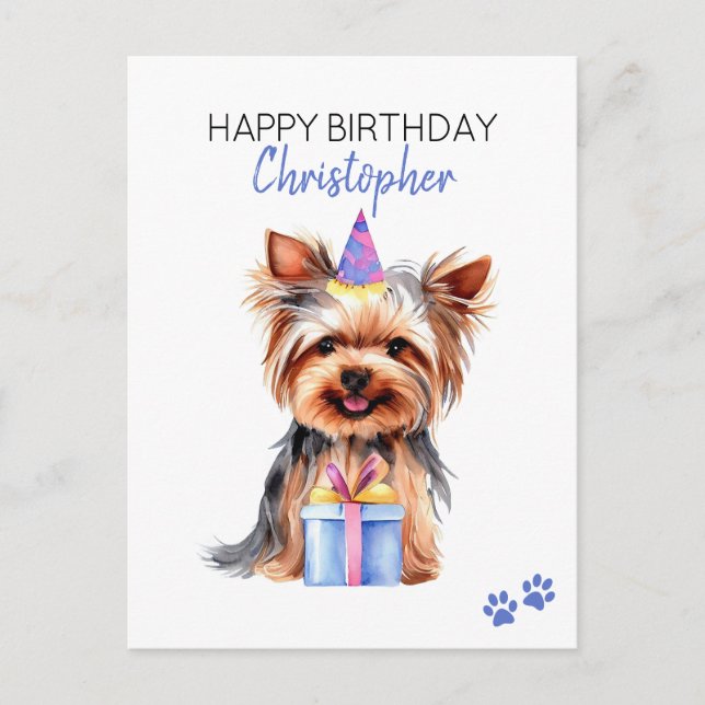 Carte Postale Yorkie Chien Personnalisé Joyeux Anniversaire (Devant)