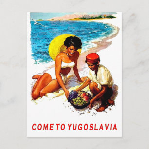 Carte Postale Yougoslavie, femme sur la plage avec vendeuse de f