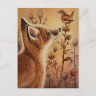 Carte Postale Young Red Fox & Carolina Wren Bird Watercolor Art