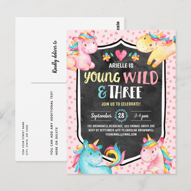 Carte Postale Young Wild and Three Unicorn Birthday Party (Devant / Derrière)