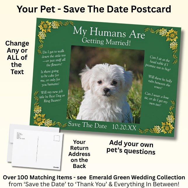 Carte Postale Your Pet Photo Save The Date Emerald Green & Gold (Créateur téléchargé)