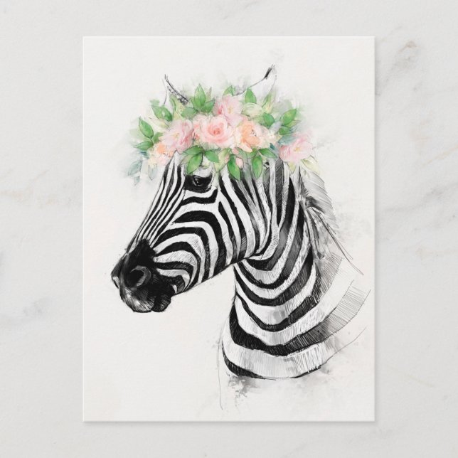 Carte Postale Zebra porte un portrait de couronne de fleurs (Devant)