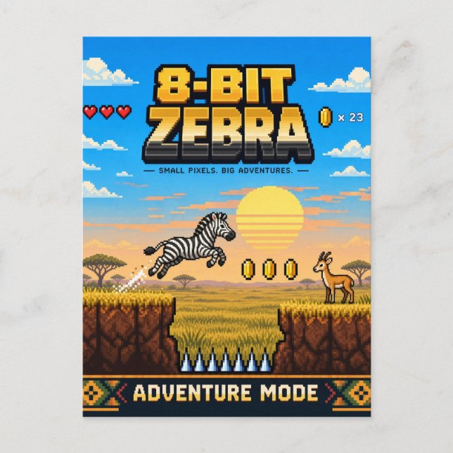 Carte Postale Zèbre, Rétro Pixel Art 8-Bit (Devant)