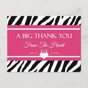 Carte Postale Zèbre rose et noir Merci d'impression du coeur