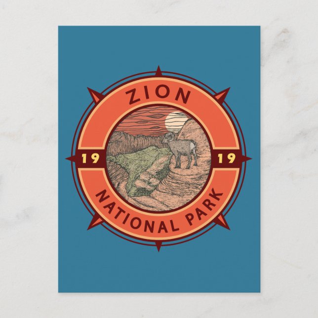 Carte Postale Zion National Park Bighorn Mouton Retro Compas (Devant)