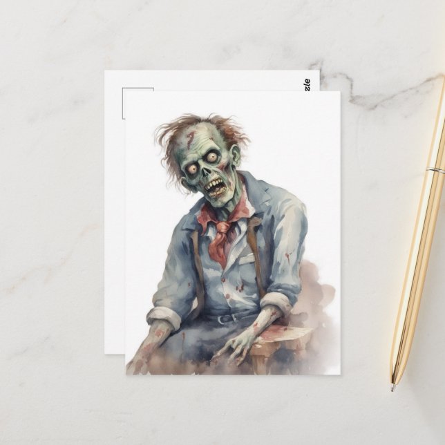 Carte Postale Zombie aquarelle (Devant/Arrière en situation)