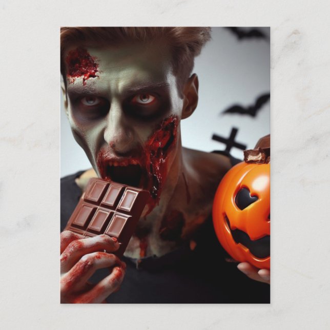 Carte Postale Zombie Manger du chocolat d'Halloween (Devant)