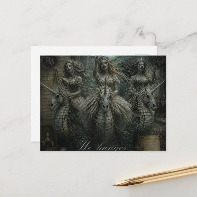 Carte Postale Zombies sur des licornes hippocampes (Devant/Arrière en situation)