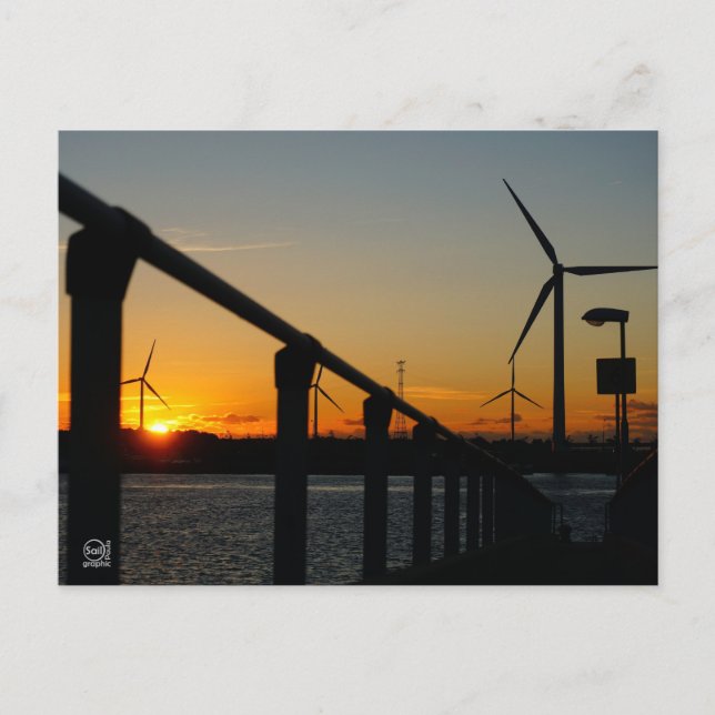 Carte Postale Zonsondergang met windmolen, Rustgevend relaxt. (Devant)