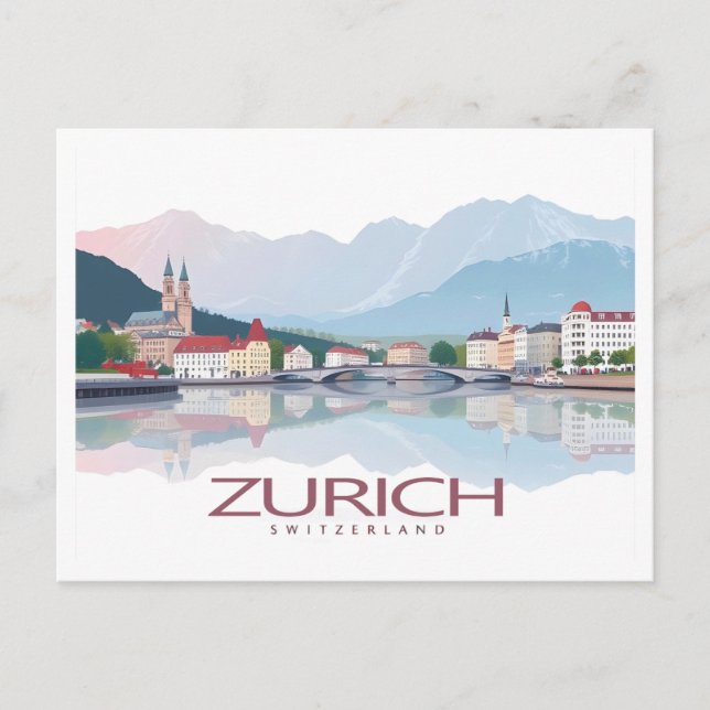 Carte Postale Zurich Suisse Lac Zurich Pastel Travel (Devant)