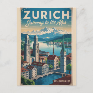 Carte Postale Zurich Suisse Rétro Ciel Cityscape Voyage 