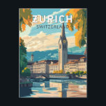Carte Postale Zurich Suisse Travel Art Vintage<br><div class="desc">Design de voyage vectoriel rétro de Zurich. Les ruelles pittoresques du centre d'Altstadt (vieille ville),  de part et d'autre de la rivière Limmat,  reflètent son histoire d'avant-Moyen-Age.</div>