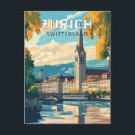 Carte Postale Zurich Suisse Travel Art Vintage<br><div class="desc">Design de voyage vectoriel rétro de Zurich. Les ruelles pittoresques du centre d'Altstadt (vieille ville),  de part et d'autre de la rivière Limmat,  reflètent son histoire d'avant-Moyen-Age.</div>