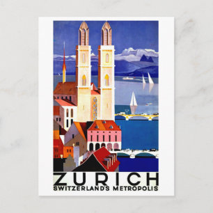 Carte Postale Zurich, Suisse ville, église, voyage vintage