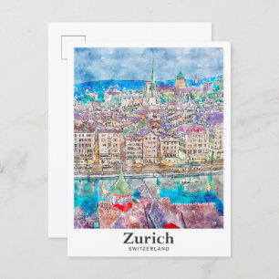Carte Postale Zurich Suisse Voyage Aquarelle main tiré