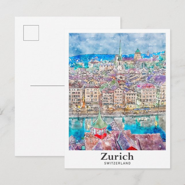 Carte Postale Zurich Suisse Voyage Aquarelle main tiré (Devant / Derrière)