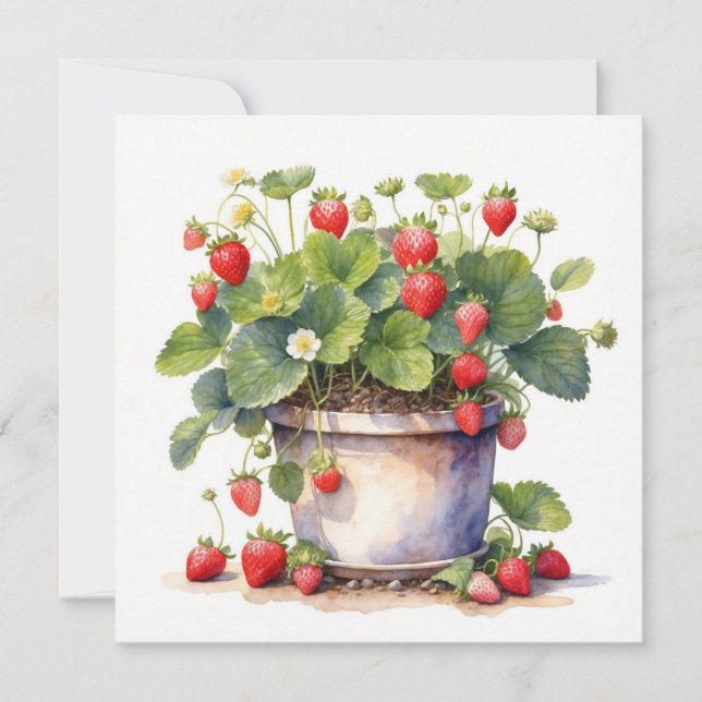 Carte Pot à aquarelle avec plants de fraisiers (Devant)