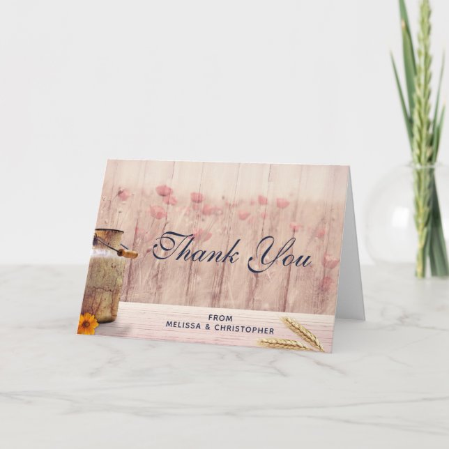 Carte Pot à lait rustique avec blé et fleurs Merci (Devant)