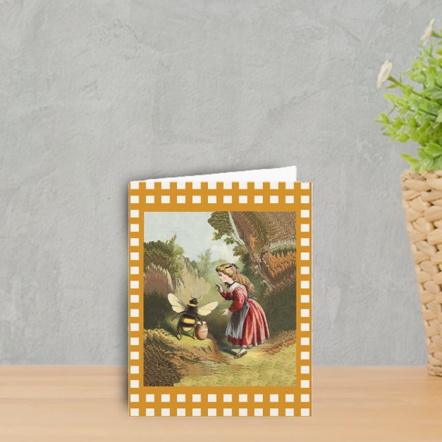 Carte Pot de miel de petite fille abeille vintage (Victorian girl talking to bee in woods with pot of honey gold white plaid border on notecard.)