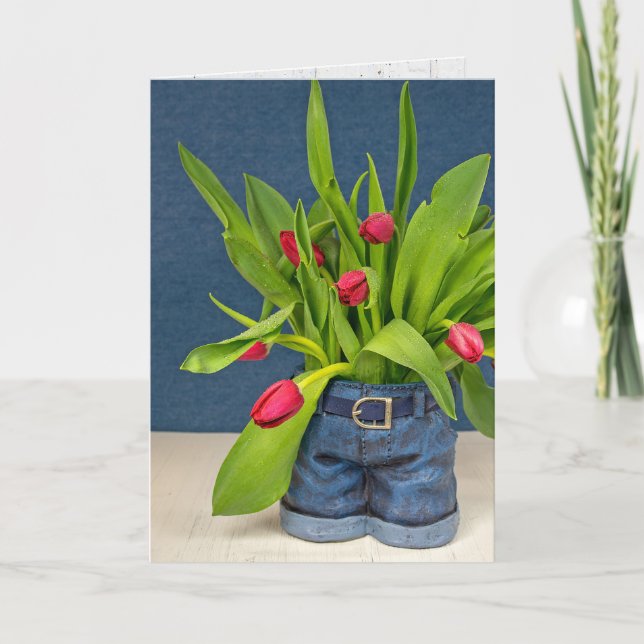 Carte Pot Jeans Bleu Anniversaire Avec Tulipes (Devant)